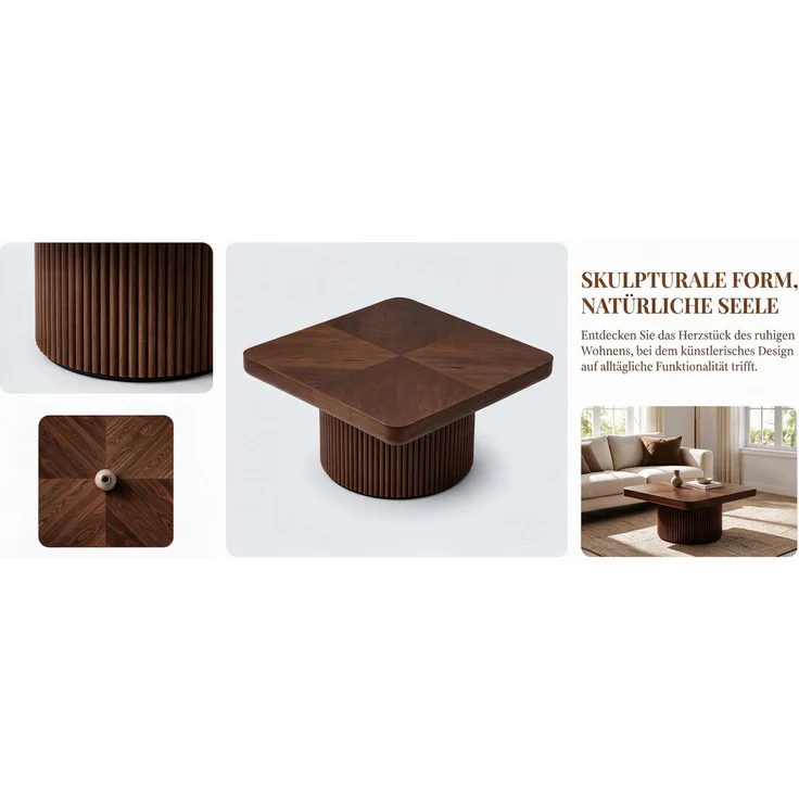 EINHOM 78 cm Holz-Couchtisch mit Rillen-Zylindersockel, Abgerundete Quadratische Dicke Platte, Landhaus-Mitteltisch, Einzeln oder als 2er-Kombination, Einfache Montage, Walnuss – Bild 7