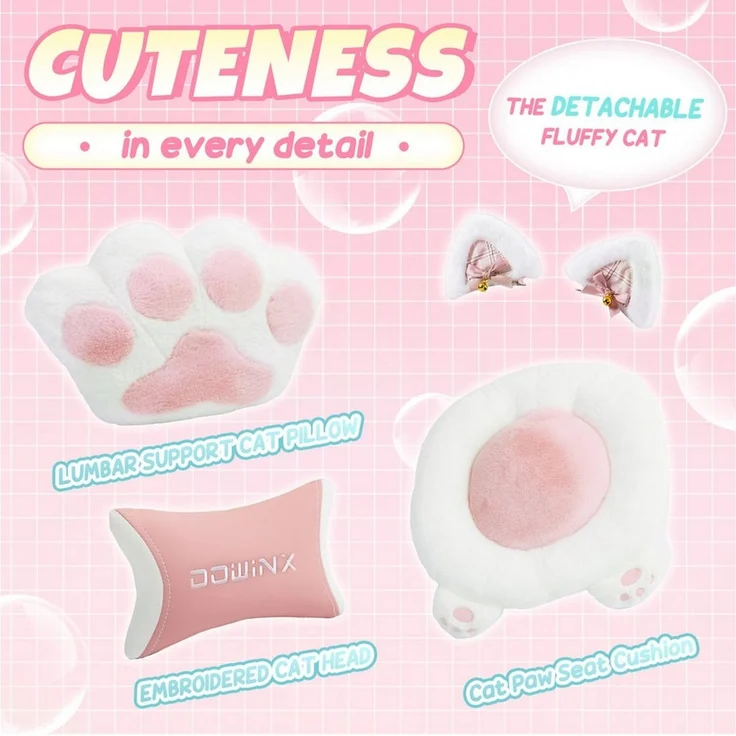 Dowinx Gaming-Stuhl Rosa Bürostuhl mit Kissen mit Katzenohren und Katzenpfoten (Packung), Ergonomischer Computerstuhl mit Fußstütze, PC-Spiele-Stuhl für Mädchen – Bild 4