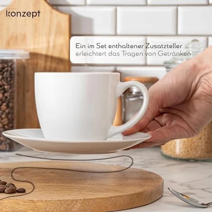 KONZEPT Tasse Kaffeetassen Set 6er 230 ml mit Untertassen Weiß für 6 Personen, 6-tlg, Weiß – Bild 6