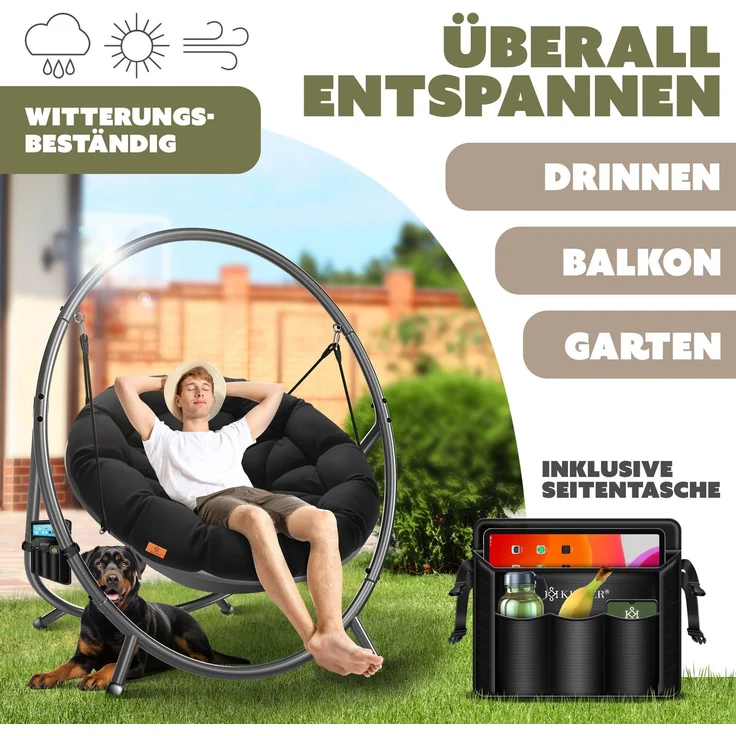 KESSER® 'BALI' Hängesessel, mit Gestell, bis 150kg, für Indoor und Outdoor + Kissen & Seitentasche, Stahlgestell/Schaumstoff Schwarz, 167,5 x 140 x 115,5 cm – Bild 4