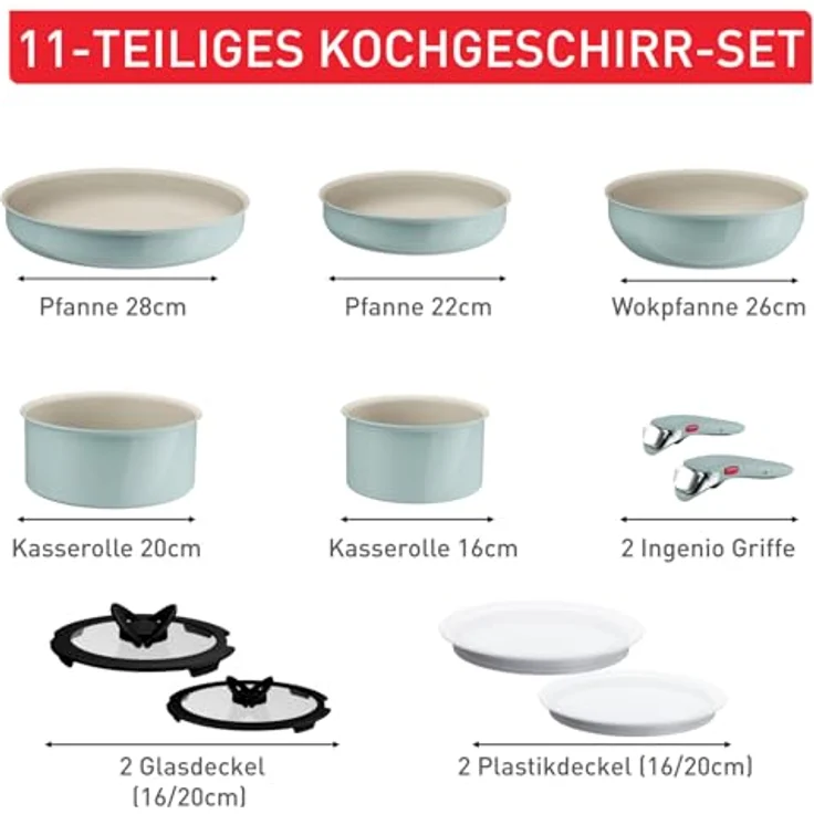 Tefal Ingenio Serenity Kochgeschirr-Set 11-teilig, Mineralia Antihaftversiegelung, platzsparend, stapelbar, für alle Herdarten, spülmaschinengeeignet, Eucalyptus, L828SB04 – Bild 9