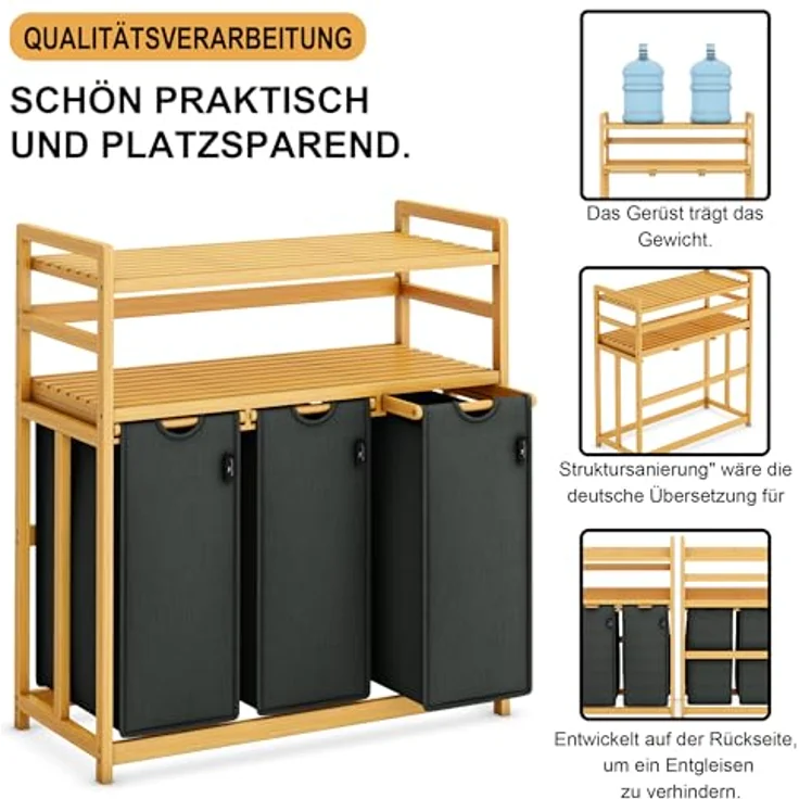AdelDream Wäschekorb 150 l, 3 Fächer, 2 Regale Wäschesortierer – Bild 5