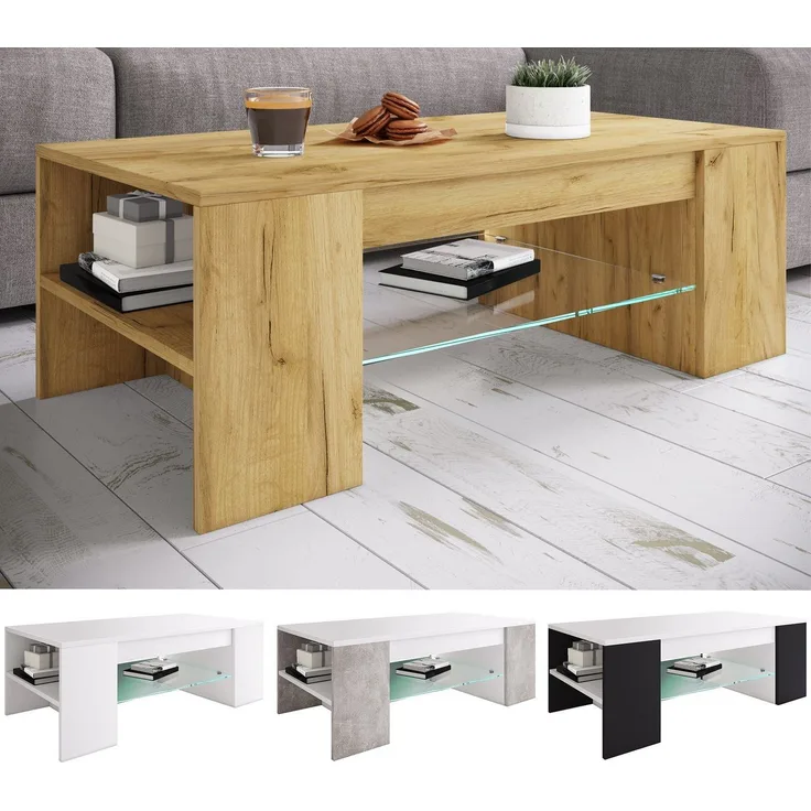 VCM Couchtisch Holz Sofatisch Couchtisch Schublade Glas Tunas