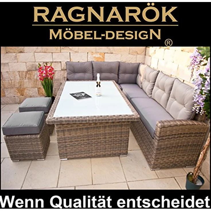 Ragnarök Möbel-Design Gartenlounge-Set Dining Lounge Wieland L, (Set, Ecksofa + Tisch + Hocker, Polyrattan, inkl. aller Polster), Rostfrei, mit Staufächern, 10 Jahre Garantie, wird montiert geliefert – Bild 7