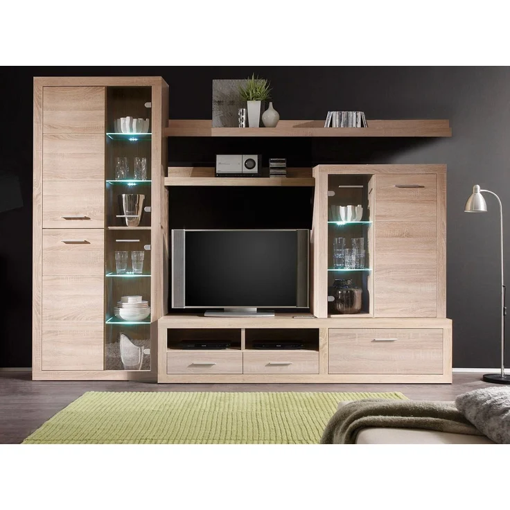 moebel-dich-auf Wohnwand CAN CAN, (in Eiche Sonoma, Vitrine + Lowboard + Aufsatzvitrine + 2x Wandboard), inkl. LED-Beleuchtung – Bild 2
