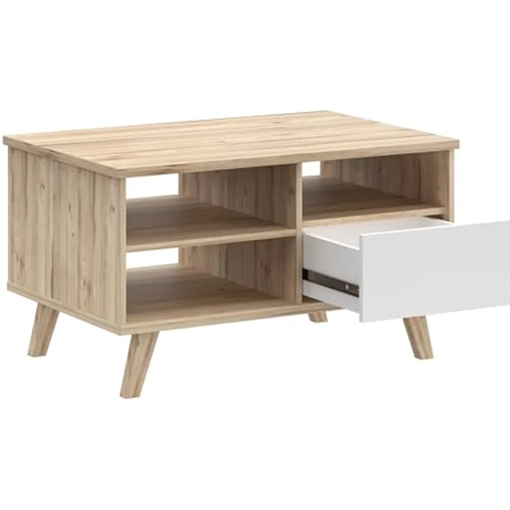 Forte VANNKA Couchtisch 90, Tisch mit offenen Fächern und Schublade, Holzwerkstoff, Planked Eiche Dekor/Weiß, 90 cm breit, 51,1 cm hoch, 60 cm tief – Bild 10