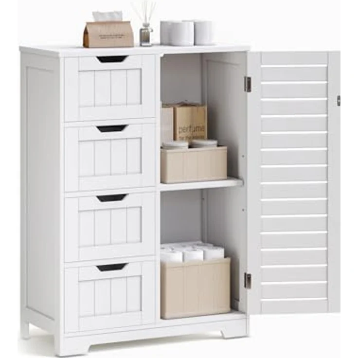 Mondeer Badkommode Badezimmerschrank (Moderne Shutter Design), mit 4 Schubladen 1 Tür,56 x 30 x 82,5cm, Weiß – Bild 5