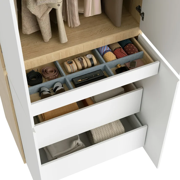 Kleiderschrank Garderobenschrank mit Schmuckschublade, 90 x 50 x 200 cm, mit 4 Türen, 1 Kleiderstange und 2 Schubladen, moderner Hochschrank für Schlafzimmer, Flur, Kinderzimmer oder Büro, Eiche/Weiß--Weiß--90x50x200cm--YOUDENOVA – Bild 9