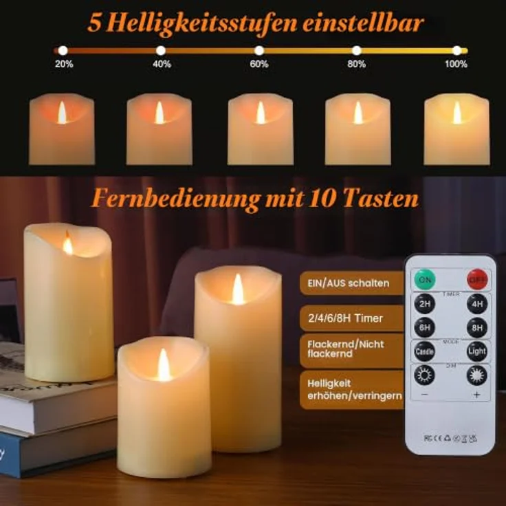EXTSUD LED Kerzen LED Flackernde Flammenlose Kerze bewegte Flamme Kerzen mit Fernbedienung 3er Kerzen mit 24 Stunden Timerfunktion Battery Candle Moving Flame Schlafzimmer Valentinstag Deko – Bild 2