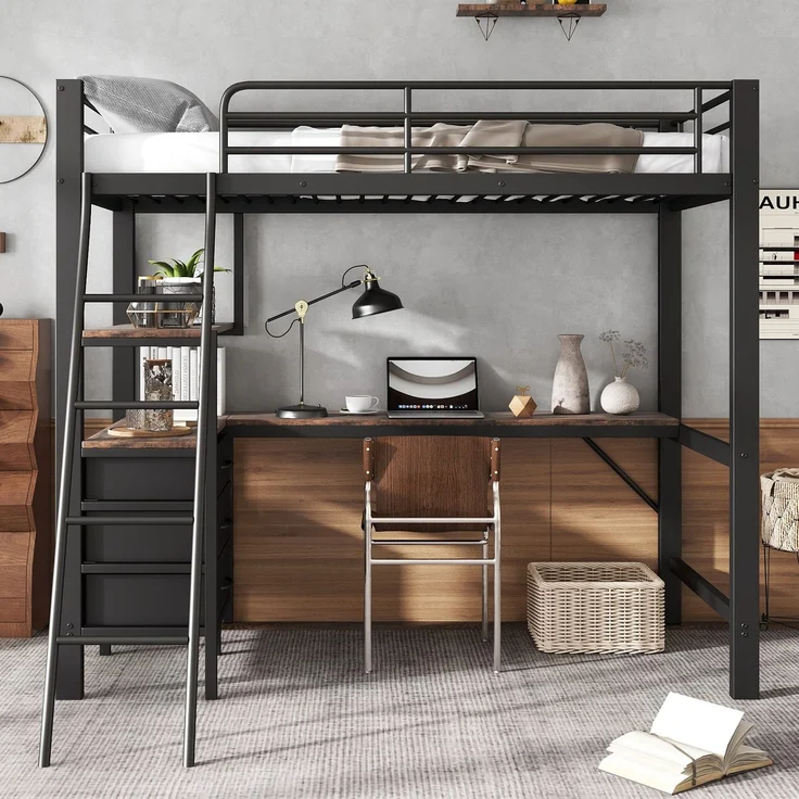 Hochbett mit Rausfallschutz, Lattenrost, Regal und Schreibtisch, 90x200 cm, Metallbett, Kinderbett, Jugendbett – Bild 3