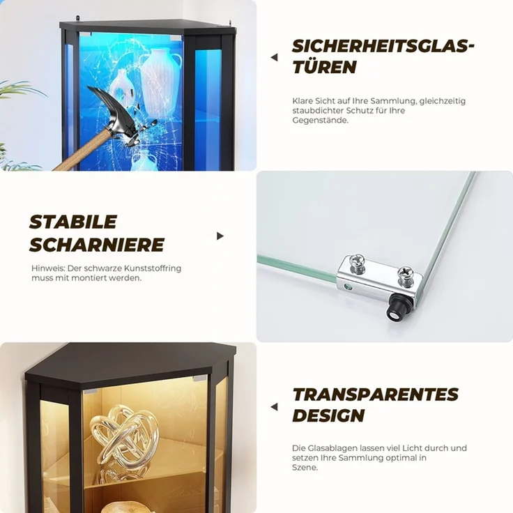 Eckvitrine 65x45x180 cm, 6-stöckige Glasvitrine mit LED-Beleuchtung, Glastüren und Bewegungssensor, Schwarz – Bild 8