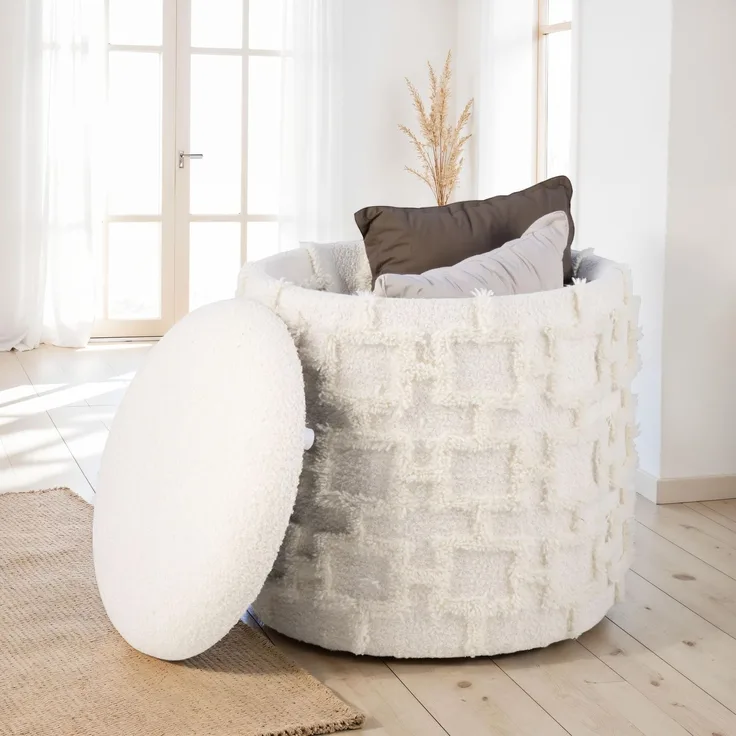 Wohnling Sitzhocker mit Stauraum 45x40 cm Strukturstoff Creme Polsterhocker Wohnzimmer Schlafzimmer
