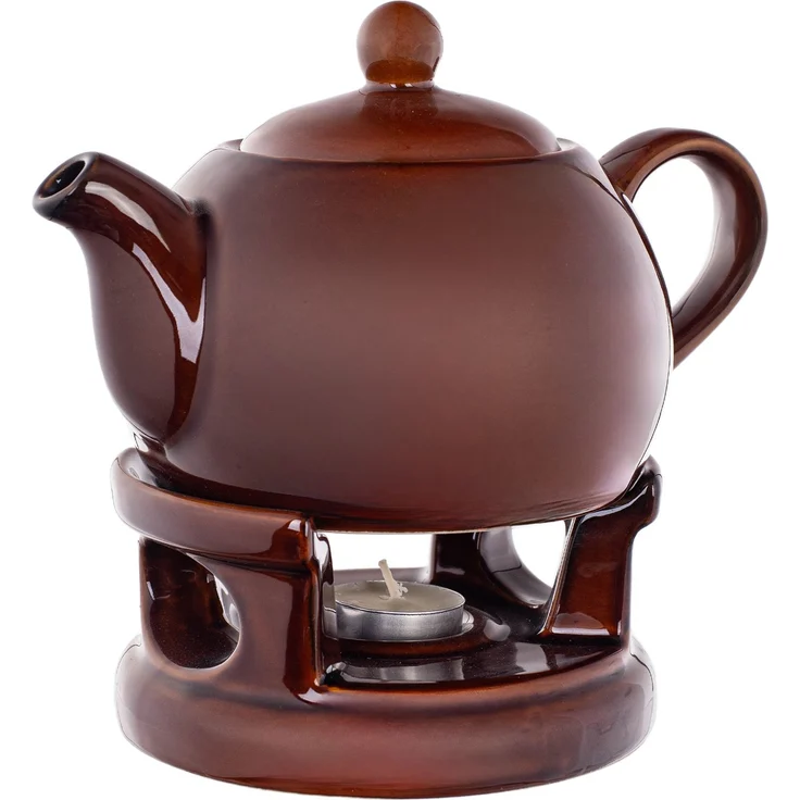 KADAX Teekanne 1L mit Stövchen Set, Kaffeekanne aus Porzellan mit Deckel, Griff und Teestövchen, Kanne mit Teelicht Wärmer für Tee, Teeservice (Braun) – Bild 5