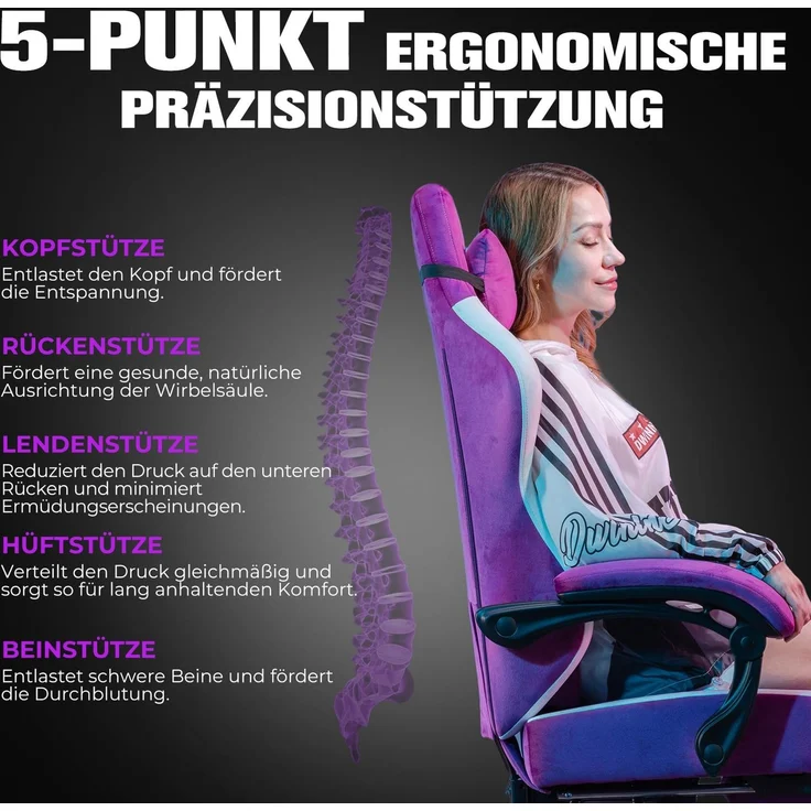 GTPLAYER Gaming Stuhl Ergonomischer, PC Stuhl Atmungsaktiver Stoff, Groß und Hoch Drehbarer Schreibtischstuhl mit Fußstütze,Verstellbare Lendenwirbelstütze und Kopfstütze,Lila – Bild 6