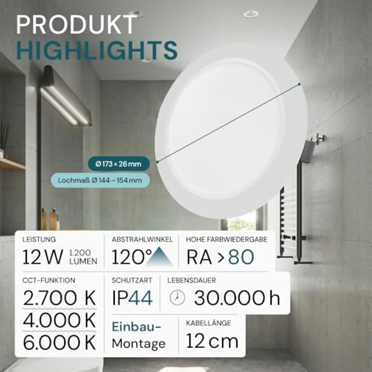 LUXULA LED Einbauleuchte rund Weiß, Ø173x26mm, 12W 1200lm, IP44, CCT einstellbar 2700K 4000K 6000K für Bad, Küche & Innenräume – Bild 2