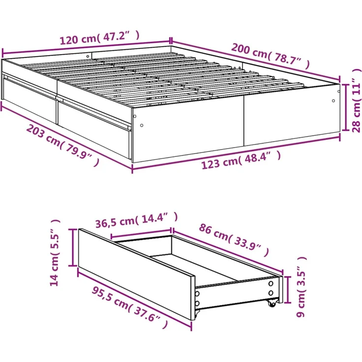 vidaXL Bettgestell mit Schubladen Räuchereiche 120x200cm Holzwerkstoff 3280668 – Bild 11