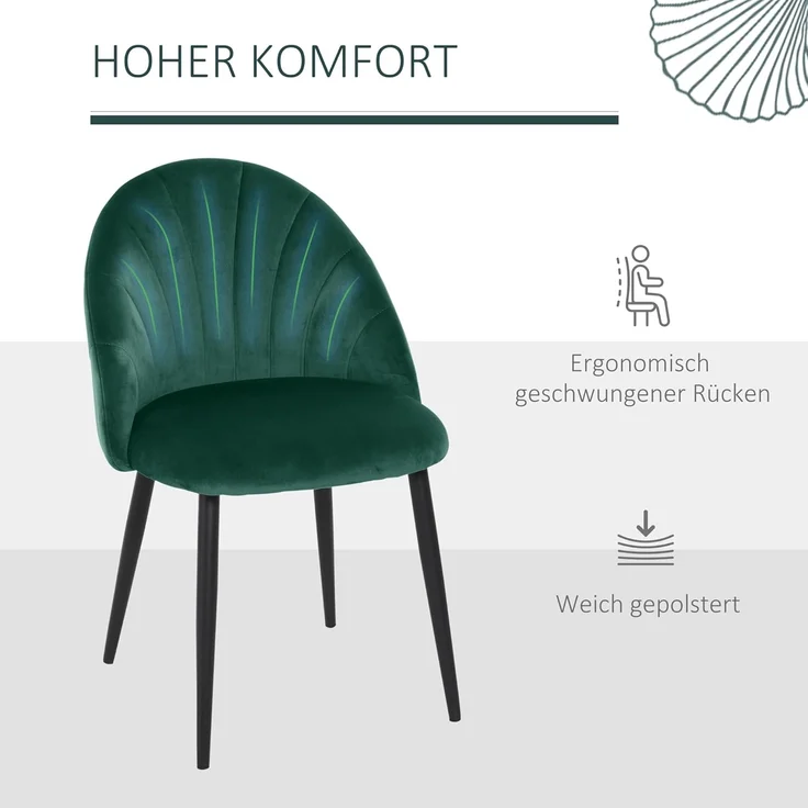 HOMCOM Esszimmerstuhl Küchenstuhl Wohnzimmerstuhl (Polsterstuhl, 2 St), Skandi-Design Samt Metall Grün 52 x 54 x 79 cm – Bild 5