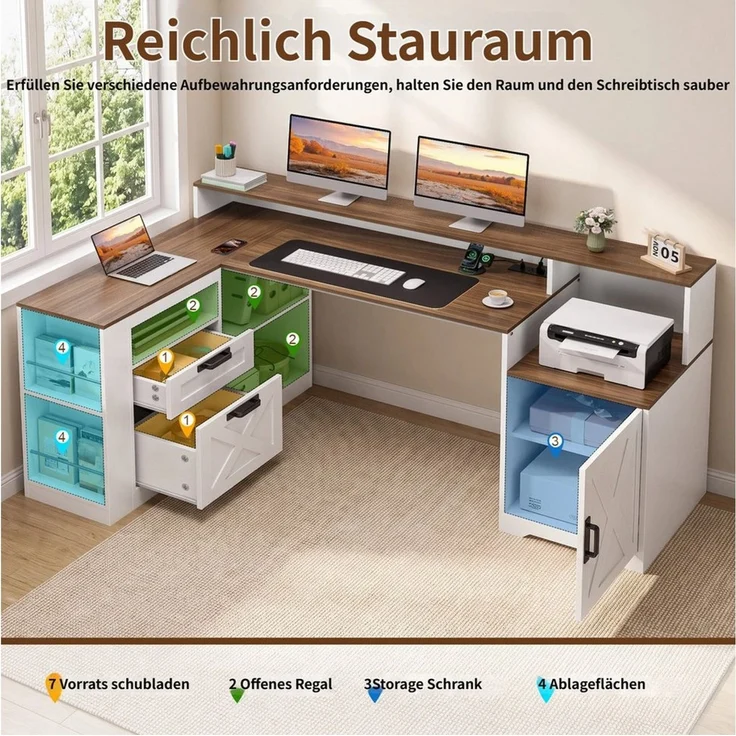 Rutaqian Schreibtischstuhl Eckcomputertisch mit Steckdosen, 2 Schubladen und Ablagefach, Büroschreibtisch im Landhausstil mit Monitorständer, Druckerregal – Bild 4