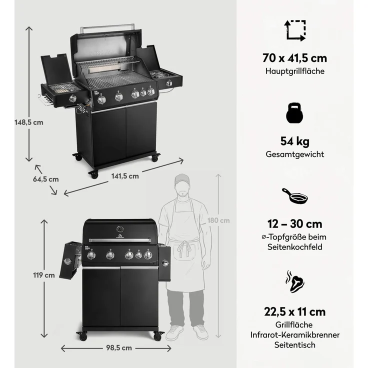 BURNHARD® Gasgrill 4-Brenner, 24,7 kW, Infrarot-Keramikbrenner, Seitenkochfeld, Heckbrenner, Edelstahlrost, Piezo-Zündung, Edelstahl-Brennkammer, große Grillfläche – Big FRED Deluxe+ - Schwarz - #947146 – Bild 3