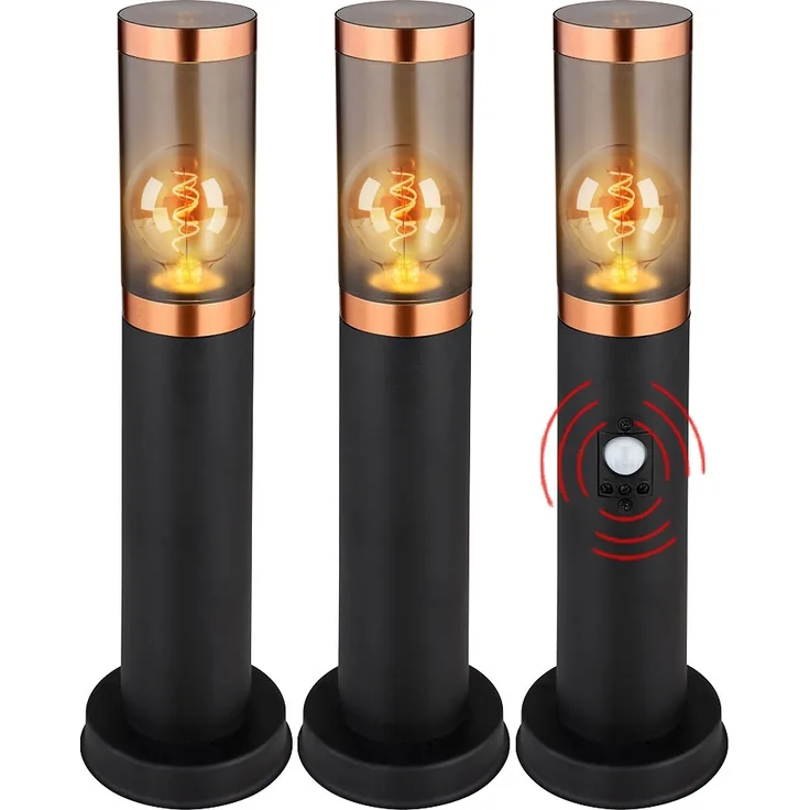 3er Set Sockelleuchte, Bewegungsmelder, rauch, Kupfer, H 45 cm