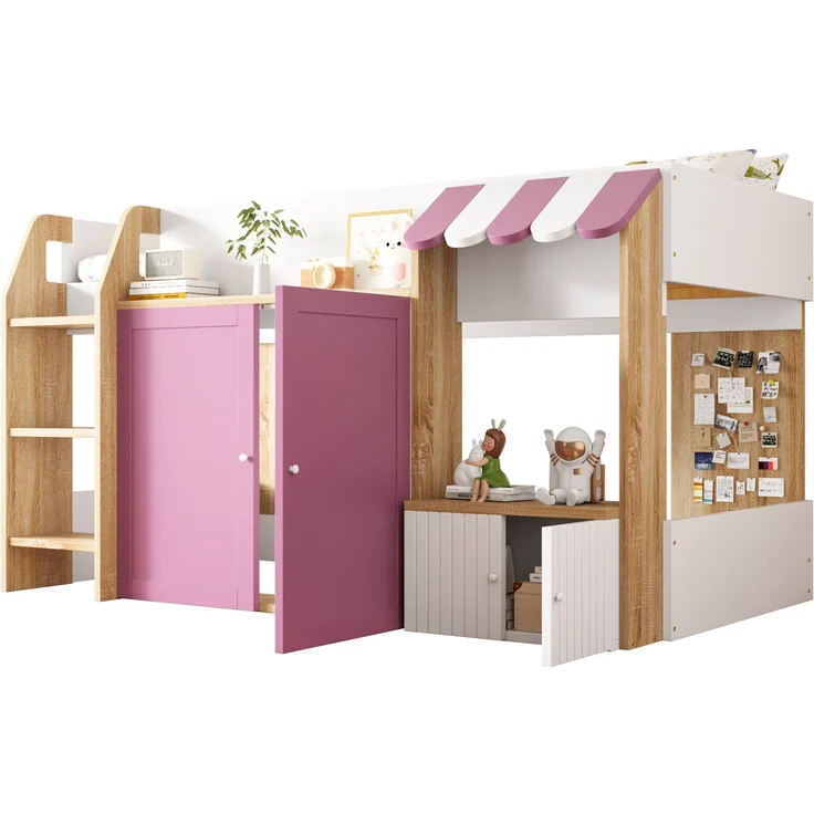 Kinder Hochbett 90x200 niedrig mit Haus-Design - Spielbett mit zweiter Liegefläche, Stauraum, breiter Leiter, weiß & Rosa – Bild 6