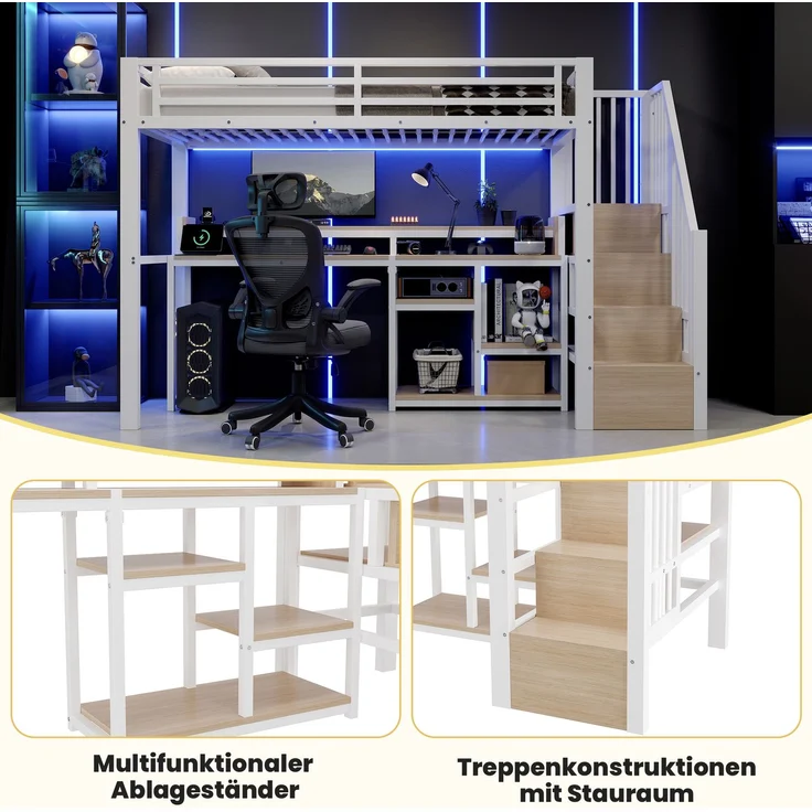 EINHOM Hochbett, 90 x 200 cm, Metallbettgestell, Leiterschrank, Ablagefach, USB + Typ-C, LED-Lichtleiste, Weiß (Ohne Matratze) – Bild 6