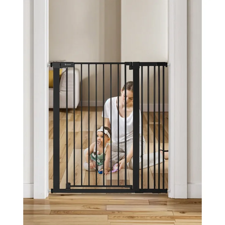 COMOMY 107 cm Extra Hoch Türschutzgitter, 75-103 cm Breit Treppenschutzgitter ohne Bohren, Türgitter für Baby, Kinder, Hund und Katze, Metall, Automatisches Schließen, 90°Stop (Schwarz)