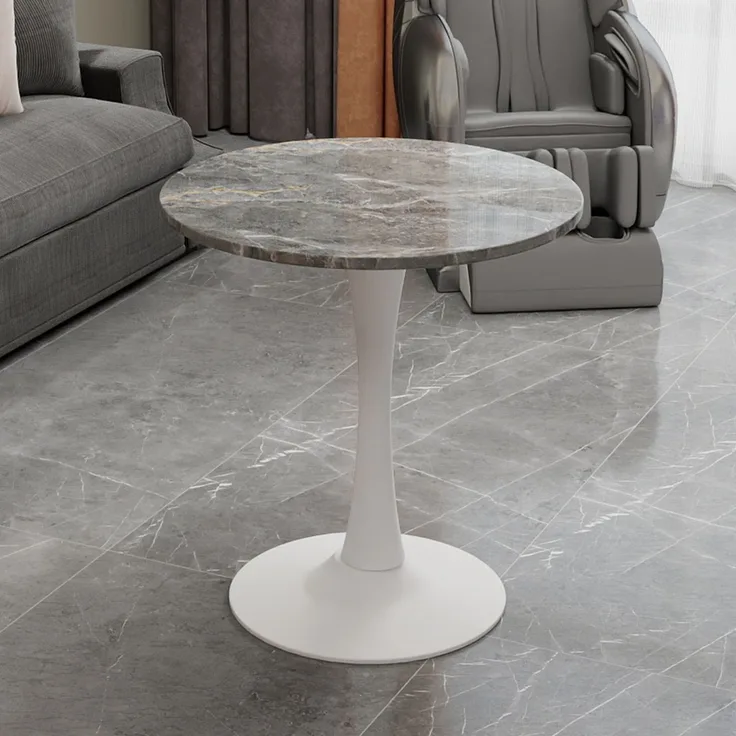 Novelux Runder Esstisch 70 cm Weißer Couchtisch Mid-Century Tisch für 2-4 Personen – Marmor Optik Tischplatte dunkelgraue Adern, Kompakter Bistrotisch