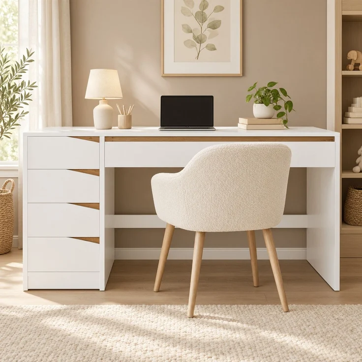 Schreibtisch 140x50x78 cm in Weiß mit Eiche-Optik und 5 Schubladen – Bild 2