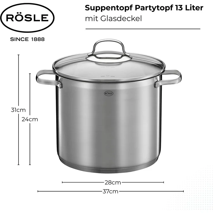 RÖSLE ELEGANCE Gemüsetopf aus Edelstahl, mit Glasdeckel und Innenskalierung, induktionsgeeignet, spülmaschinenfest, vielseitig für Suppen, Eintöpfe und mehr, Ø 24 cm, 13-Liter-Fassungsvermögen – Bild 3