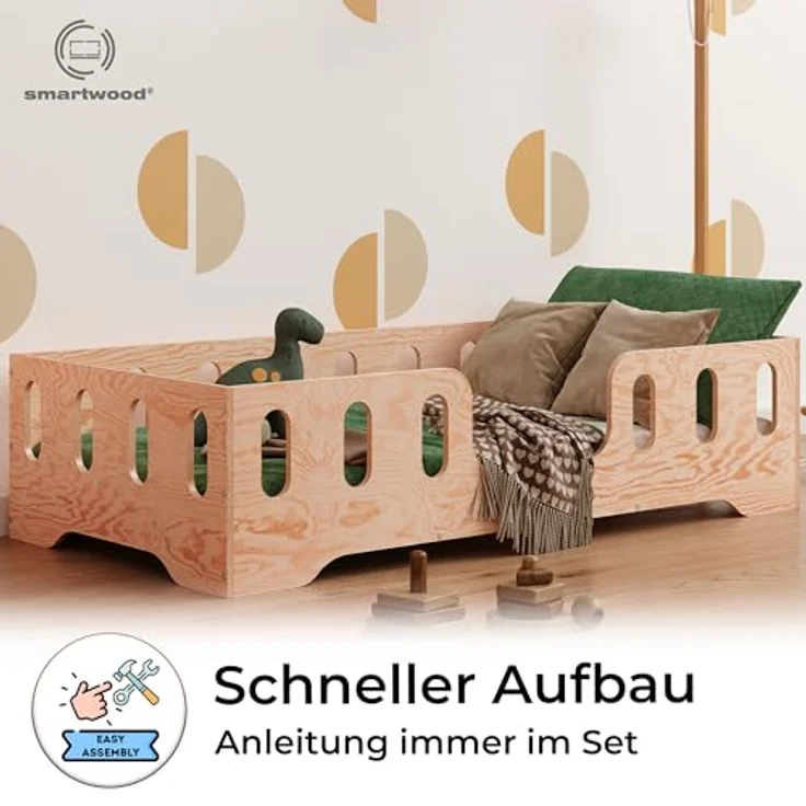smartwood TILA 2 Kinderbett 80x160 mit Rausfallschutz und Lattenrost - Bodenbett Kinder Naturholz - Montessori Bett mit glatten Kanten - Betten für schnelle Montage - Bis zu 95 kg – Bild 5
