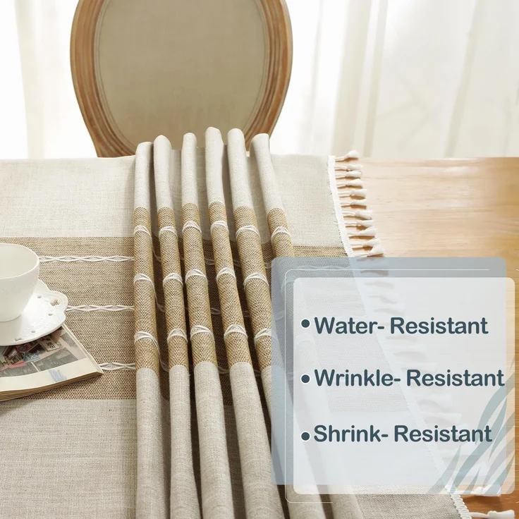 Laolitou Rustikale Baumwoll-Leinen-Tischdecke, Tischdecken für rechteckige Tische, wasserdicht, waschbar, mit Quaste, rechteckig/länglich, 140x213 cm, 6–8 Sitze – Bild 4