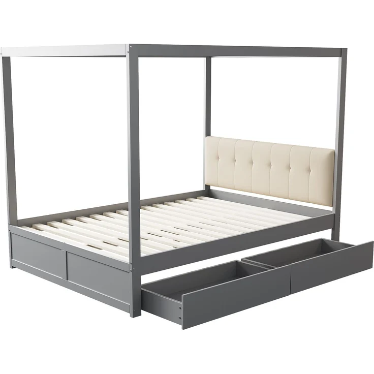 Himmelbett140*200 cm mit großen Schubladen und weicher Rückenlehne, Holz bett Grau – Bild 6