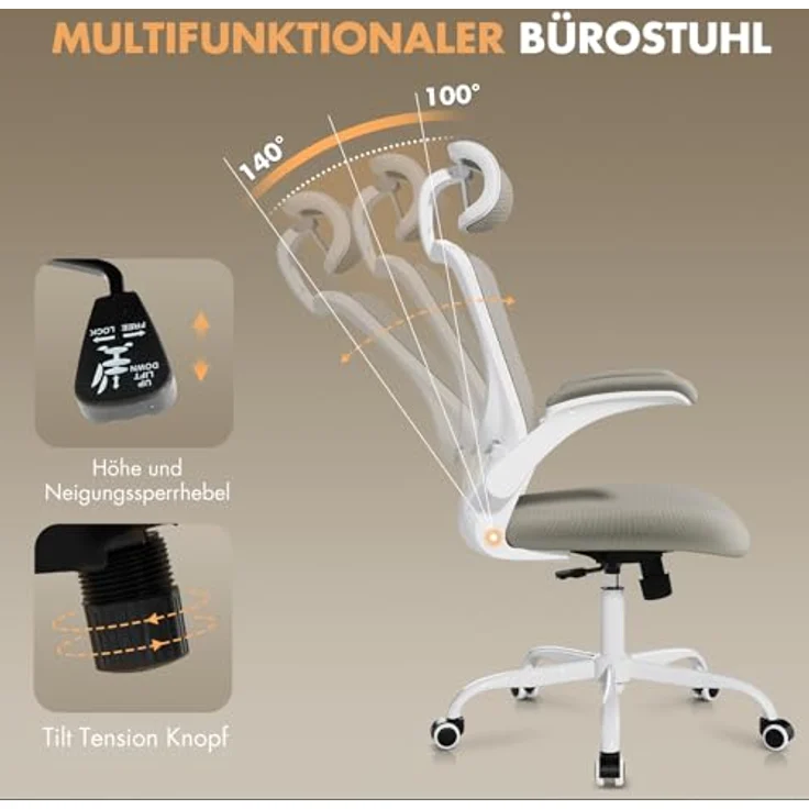 COLAMY Bürostuhl Ergonomisch, Netz-Schreibtischstuhl mit Verstellbarer Kopfstütze, Chefsessel Office Chair mit Lendenwirbelstütze, Verstellbarer Neigungsverschluss Drehstuhl, Khaki – Bild 5