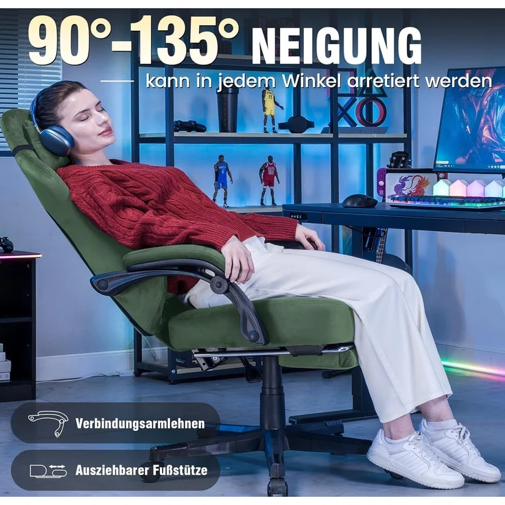 GTPLAYER Gaming Stuhl Stoff Gaming Chair Ergonomisch Bürostuh PC Stuhl, 150kg Belastbarkeit, Verstellbarer und Drehbarer Schreibtischstuh mit Federsitzkissen und Fußstütze, grün – Bild 2