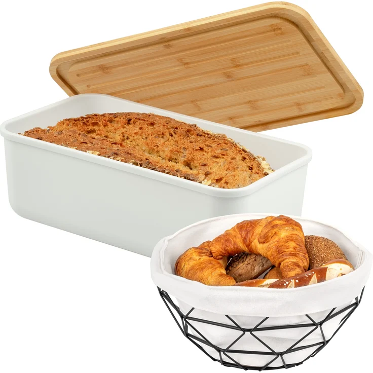 2tlg. Brotaufbewahrungs-Set - Brotkasten und Brotkorb (Kunststoff/Metall, weiß) – Bild 1