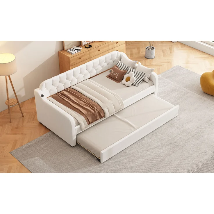 Bett 90x200 cm aus Leinen mit Ausziehbett und USB-Anschluss – platzsparendes Schlafsofa – Bild 5