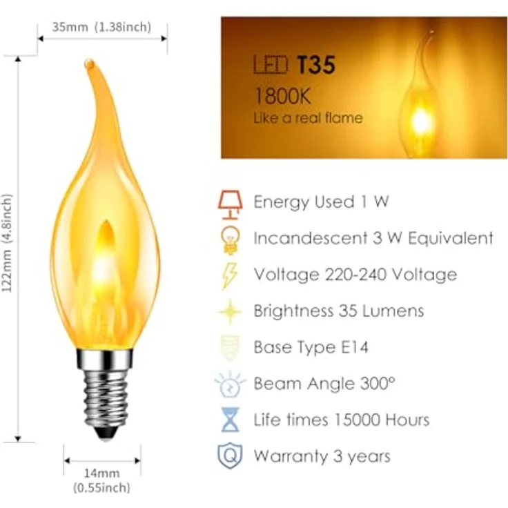 LVWIT Flammen LED E14 Warmweiss 1W, Kerzenlampe T35 Glühbirne Flammeneffekt Stimmungslicht Flackerlampe für Zuhause Garten Bar Halloween Weihnachten, Ersetzt 3W Glühlampen, 1800K, 6er Pack – Bild 3