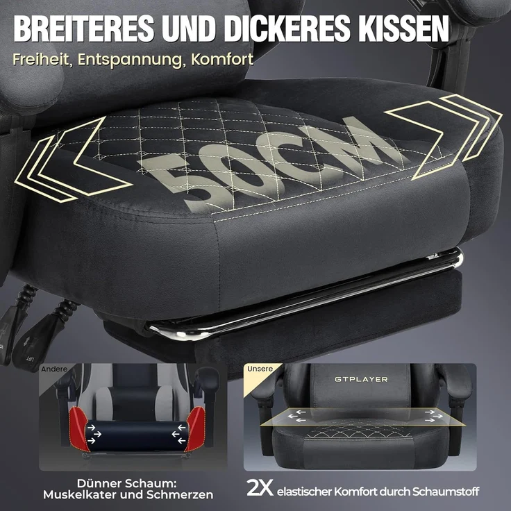 GTPLAYER Gaming Stuhl Stoff Gaming Chair Ergonomisch Bürostuh PC Stuhl, 150kg Belastbarkeit, Verstellbarer und Drehbarer Schreibtischstuh mit Federsitzkissen und Fußstütze, GRAU – Bild 2