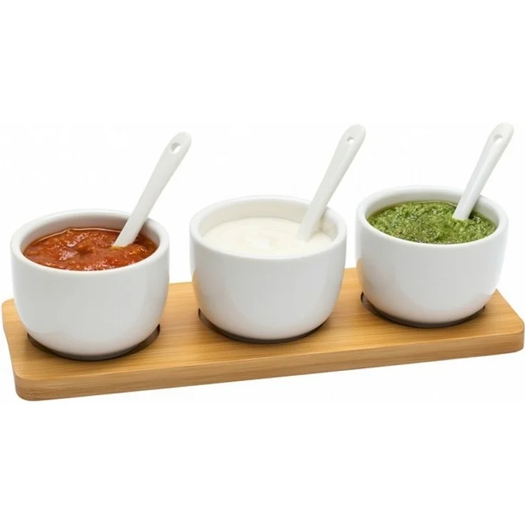 Koopman Servierschale Dipschale Soßenschale Snackschale Serviertablett Tablett 22x8x6cm, Keramik, (7-tlg), 7tlg, Inkl. Löffel, Keramik, Bambustablett, 3 Schalen – Bild 4
