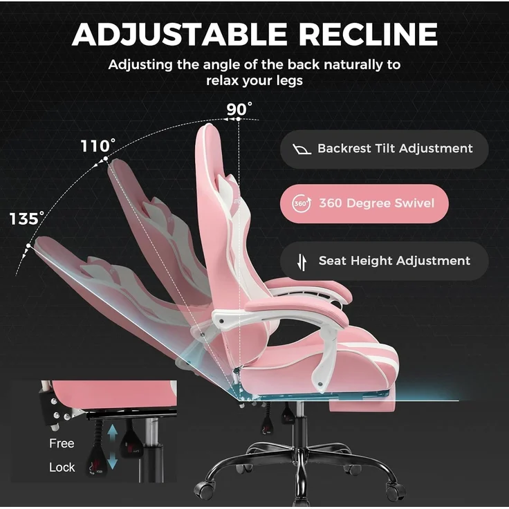 GTPLAYER Bürostuhl Gaming Stuhl Massage Gaming Sessel Ergonomischer Gamer Stuhl mit Fußstütze, Gepolstert Gaming Chair, Drehsessel 150KG,pink – Bild 5