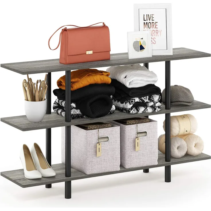 Furinno breites Regal mit 3 Ebenen, holz, Französische Eiche Grau/Schwarz, 29. 49x119. 9x70. 69 cm