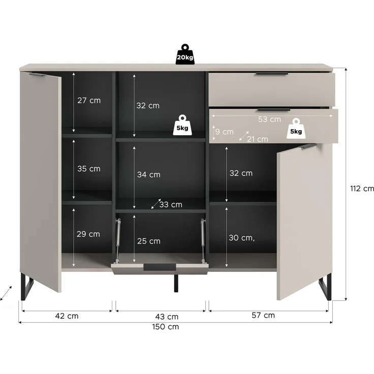 Highboard B/H/T: 112x150x37 cm in Kaschmir Nachbildung und schwarz – Bild 4