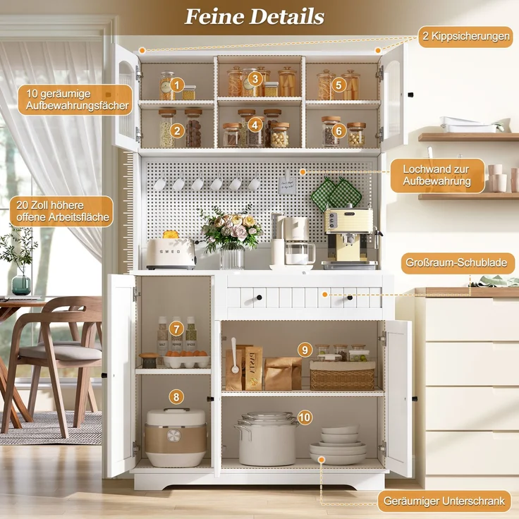 Vitrinenschrank mit Tür, Küchenschrank, Hochschrank, verstellbaren Einlegeböden, Lochblech, Weiß, 103.5× 40 × 180 cm--Weiß--103.5x40x180cm--YOUDENOVA – Bild 9