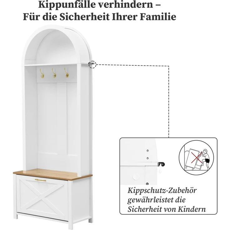 Multifunktionaler Garderobenschrank mit Schuhregal, Ablage & Haken – Hall Tree für Eingangsbereich, langlebiger MDF Korpus, modernes Design, stabile Eisenfüße, praktische Aufbewahrung--Weiß, Holz--75x35x195cm--YOUDENOVA – Bild 9