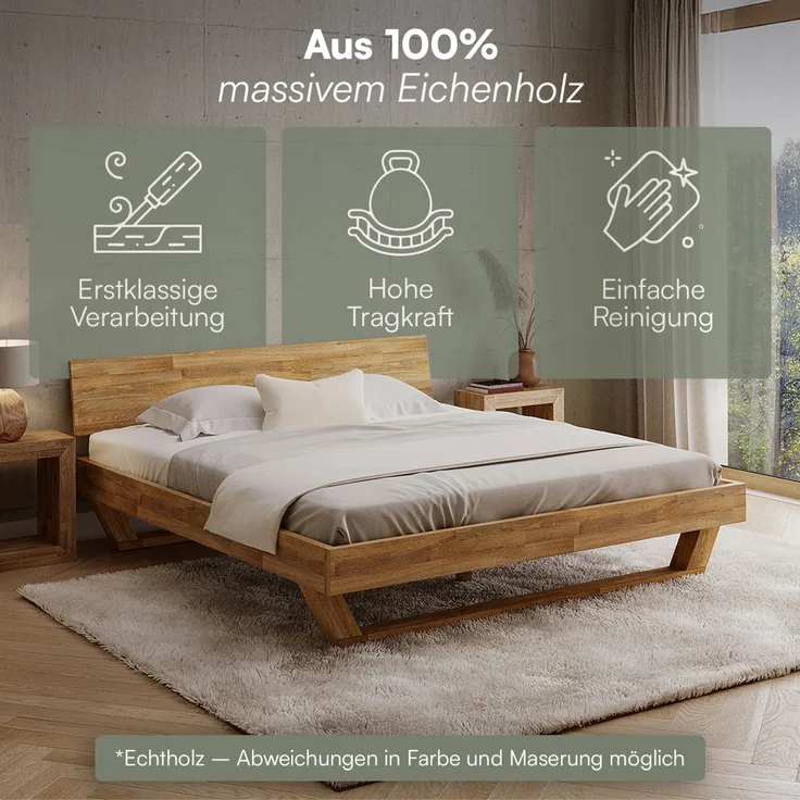 skølm 'Nornir' Bett 180x200 cm, Bettgestell, natur geölt, Massivholzbett aus Eiche mit Holzkufen, Doppelbett mit durchgehendem Bettkopf – Bild 3