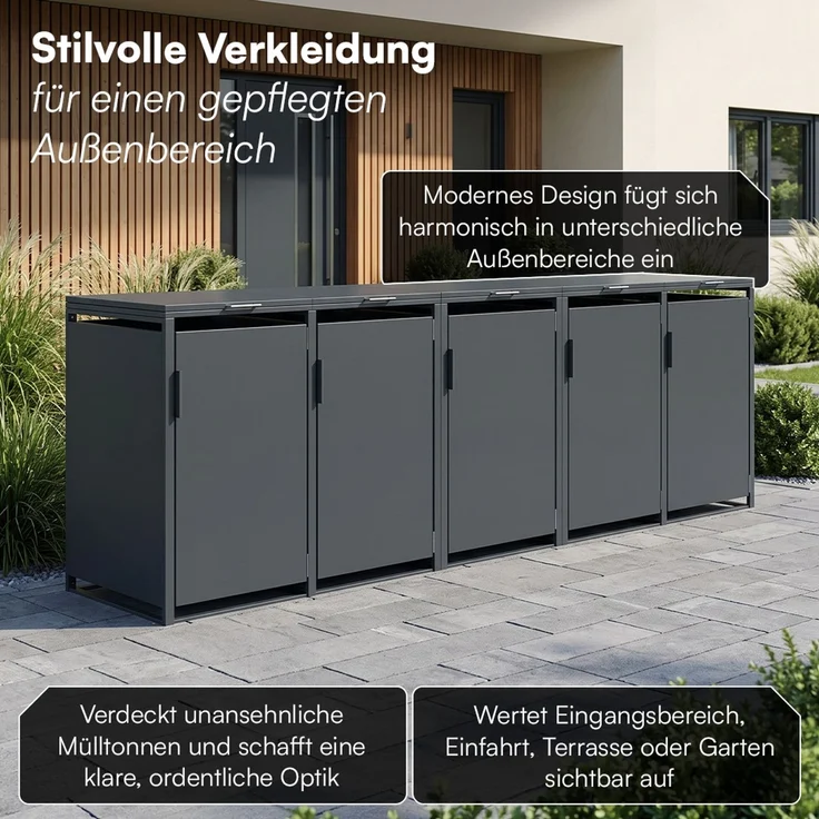 STEELSØN 'Thoria' Mülltonnenbox 5er je 120 Liter, anthrazit, Mülltonnenverkleidung aus Stahl, wetterfest, 102x62x294,5 cm, Müllbox für 5 Tonnen – Bild 11