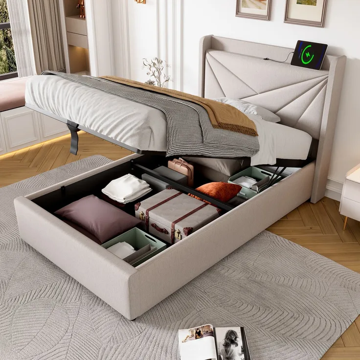 Rayofly-Leinen Polster-Einzelbett H200cm x T90cm x B90cm, Stauraum-Bettkasten, USB & Typ-C Lade-Kopfteil, Lattenrost, ohne Matratze, Beige