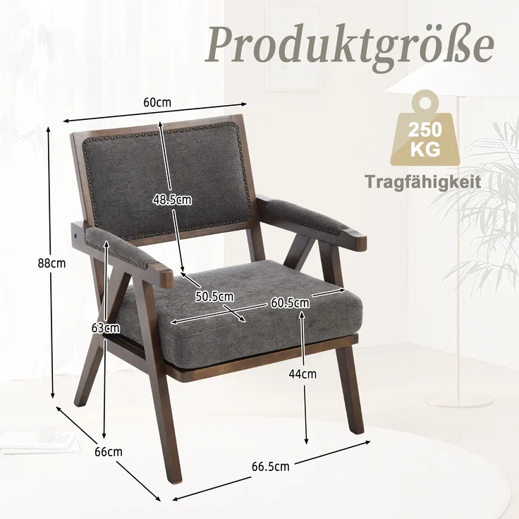 LVHOM Loungesessel mit Armlehne, Polstersessel aus Linen, Massivholzgestell, für Wohnzimmer, Büro, Schlafzimmer, Grau – Bild 6