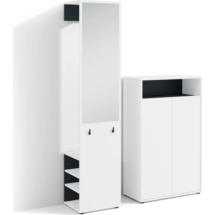 byLIVING Garderoben-Set Lyon/Weiß oder Artisan Eiche kombiniert mit Schwarz/Hochschrank mit Spiegel/Schuhschrank/B 40, H 185, T 35 cm, B 70, H 115, T 33,5 cm